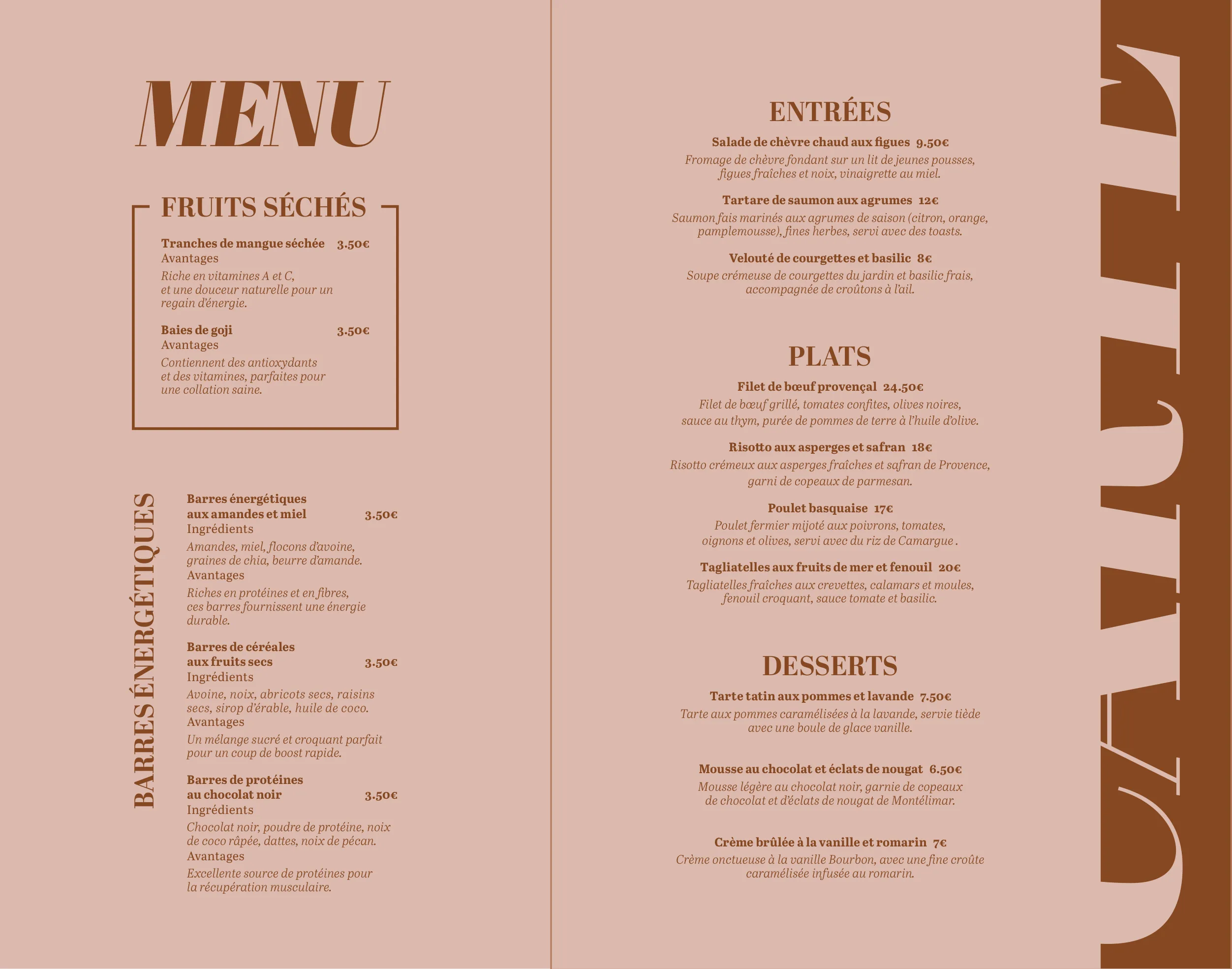 Page du menu de la carte du restaurant