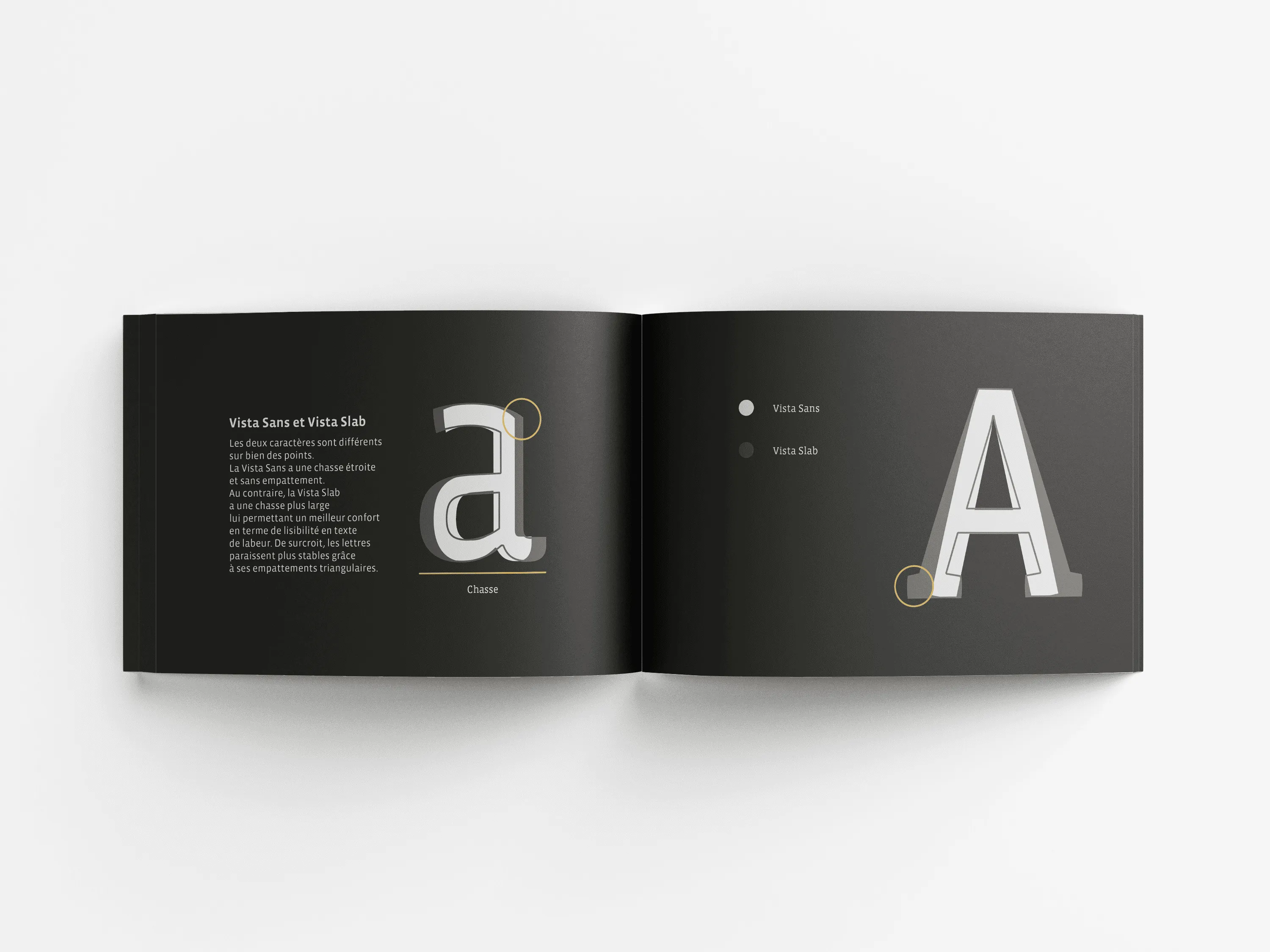 Double page du spécimen Vista - Détail technique typographique