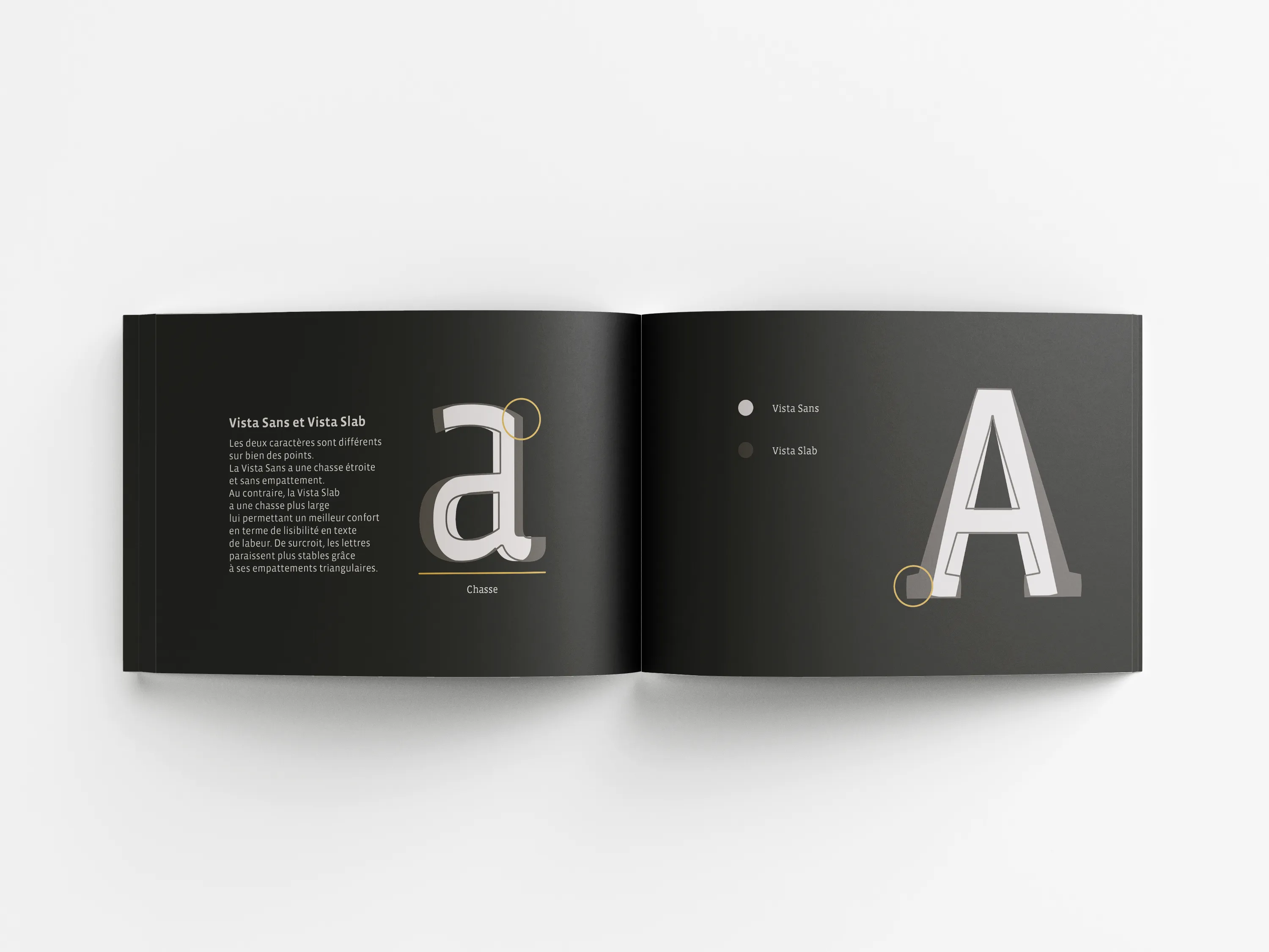 Double page du spécimen Vista - Détail technique typographique